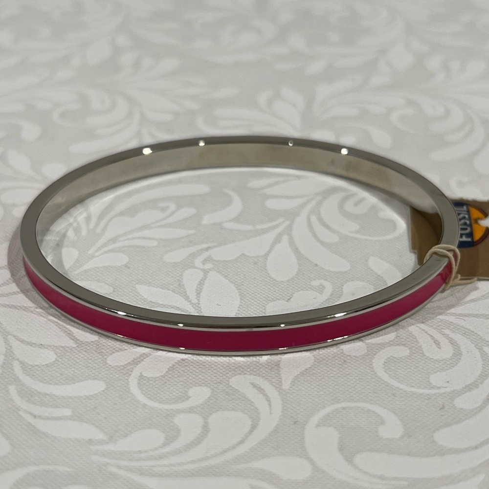 Nwt Fossil Silver Tone And Pink Fuchsia Enamel Oval Slip On Bangle Bracelet